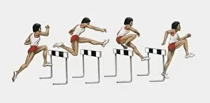 Skill Gallery: Sequence of illustrations of male athlete jumping over hurdles