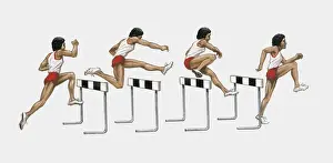Determination Prints: Sequence of illustrations of male athlete jumping over hurdles