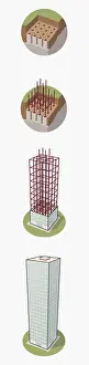 Sequence of illustrations showing construction of skyscraper