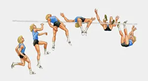 Determination Prints: Sequence of illustrations showing female athlete performing high jump