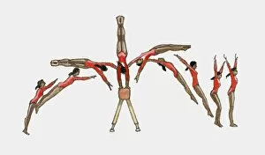 Sequence of illustrations showing female gymnast competing on vault