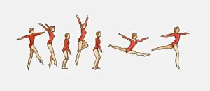 Teenagers Prints: Sequence of illustrations showing female gymnast competing on floor