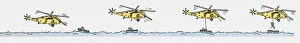 Urgency Prints: Sequence of illustrations showing helicopter rescuing person from sinking boat