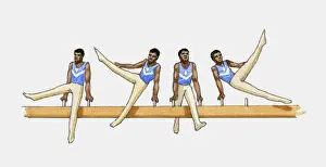 Gymnastics Prints: Sequence of illustrations showing male gymnast competing on pommel horse