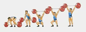 Sequence of illustrations showing man weightlifting