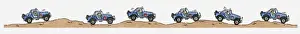 Unrecognisable Person Prints: Sequence of illustrations showing off road vehicle traveling over sand dunes