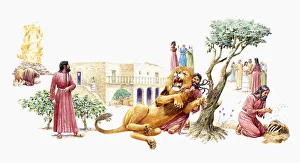 Sequences Collection: Sequence of illustrations showing Samson wrestling a lion, and eating honey from its carcass