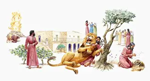 Mouth Open Prints: Sequence of illustrations showing Samson wrestling a lion