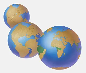 Sequence of llustrations showing how the Earth has changed from Pangaea, the crust moving with continents breaking apart, and how the world looks today