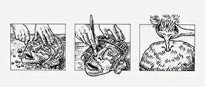 Mask Disguise Prints: Series of black and white illustration of how Aztec masks were made using gold