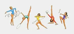 Skill Gallery: Series of illustrations showing rhythmic gymnasts using the ribbon, hoop, ball, rope and clubs