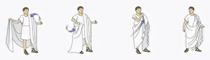 Toga Prints: Series of illustrations showing Roman man dressing in toga