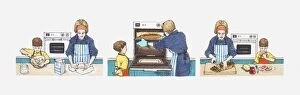 Series of illustrations of young daughter helping mother to prepare and cook food in cooking in kitchen