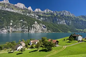 Mountain Chain Prints: Settlement on Lake Walen in front of the Churfirsten range near Mols