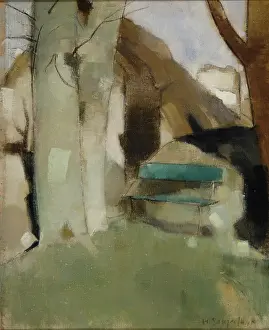 Modernist Prints: Shadow On The Wall Ii (Green Bench)