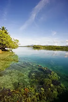 Shallow sea with coral, islands and sky