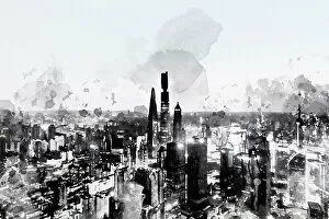 Artistic and Creative Abstract Architecture Art Collection: Shanghai skyline, night view, ink painting style