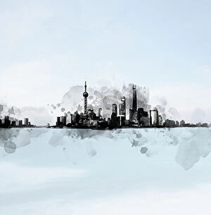 Artistic and Creative Abstract Architecture Art Collection: Shanghai skyline in a sunny day, ink painting style