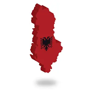 Computer Prints: Shape and national flag of Albania, levitating, 3D computer graphics