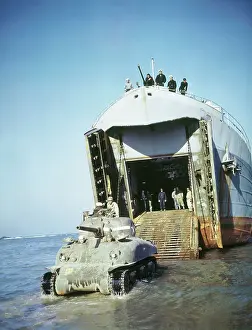 Tank Prints: US Sherman Tank Being Unloaded from an LST