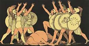Shield Carrying Grecian Military Chiefs Gesturing on Fallen Horse