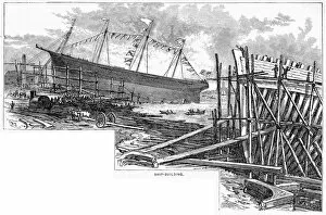 New York State Gallery: Ship building in Maine USA engraving 1883