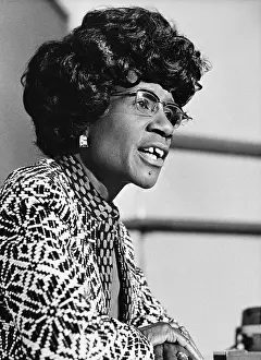 Prints of View of American politician US Representative Shirley Chisholm (1924 - 2005) speaks, during her presidential campaign, at Mills College, Oakland, California, 1972 Unbought and Unbossed: The Trailblazing Legacy of Shirley Chisholm: Shirley Chisholm Campaigns At Mills College