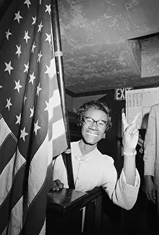Prints of American politician Shirley Chisholm smiles and gives a victory sign after winning the Congressional election in Brooklyn's 12th District, November 5, 1968 Unbought and Unbossed: The Trailblazing Legacy of Shirley Chisholm: Shirley Chisholm Giving Victory Sign