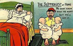 Prints of Anti-suffrage, color postcard, with an illustration of a woman, sitting in bed, wearing a white cap and nightgown, pointing, and presumably shouting at her husband (wearing yellow) Historic Moments from the Women’s Fight for the Vote: Shouting Suffragist Mother