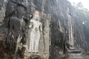 Relief Prints: Shrine of Mahayana Buddhism, three old Buddha statues as rock reliefs