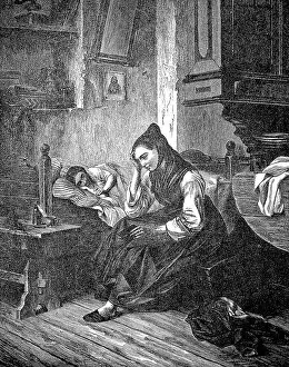 Images Dated 7th June 2018: At the Sickbed, Mother Watching at the Bedside of the Sick Child, 1881, France, Historic