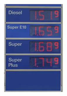Fuel Prints: Sign with petrol prices at a petrol station, Germany, Europe