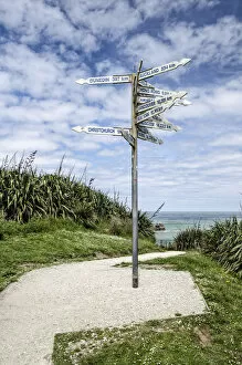 Images Dated 8th December 2011: Signpost at Far-Away-Point, Tauranga Bay, Cape Foulwind, South Island, New Zealand, Oceania