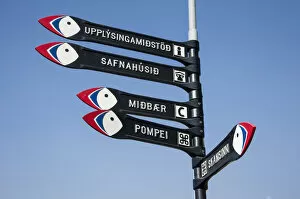 Images Dated 12th September 2011: Signposts in the town of Vestmannaeyjar, Heimaey Island, Westman Islands