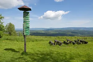 Direction Sign Prints: Signsposts, distance markers, wooden benches and tables on Mt Dolmar with views of the Thuringian Forest