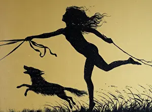 Prints of Silhouette of a carefree young woman and her dog, Art Nouveau, Jugendstil, Vintage illustration, 1890s, 19th Century Digital Vision Vector Prints: Silhouette of a carefree young woman and her dog