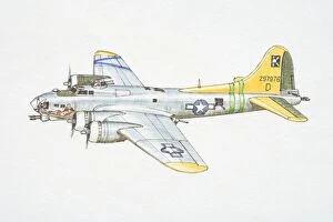 Silver Boeing B-17G American military jet with yellow Tail, side view