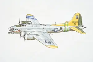 Bombers Prints: Silver Boeing B-17G American military jet with yellow Tail, side view