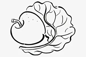 Dieting Prints: Simple black and white line drawing of apple and lettuce leaf