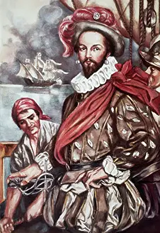 Kerchief Prints: Sir Walter Raleigh on Board His Ship Illustration