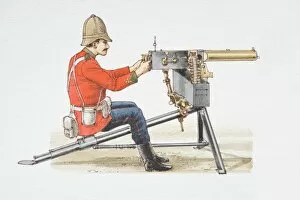 Sitting soldier loading 1885 Maxim machine gun, side view