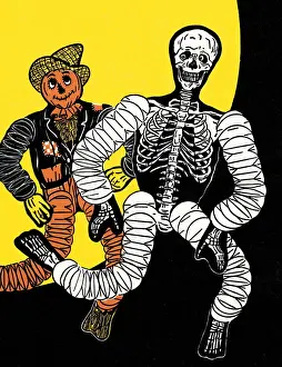 Skeleton and scarecrow dancing