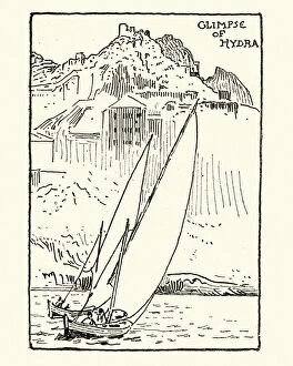 Images Dated 10th August 2018: Sketch of Lateen Sail boats, Hydra, Greece, 19th Century