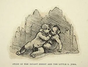 Prints of Vintage illustration, After the sketch by Leonardo da Vinci, Study of the infant christ and little St John, Early renaissance art Leonardo Da Vinci (1452-1519) Prints: sketch by Leonardo da Vinci, Study of the infant christ and little St John
