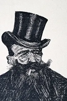 Sketch of a mature man with a bushy beard and moustache, wearing top hat slightly askew, Art Nouveau, Jugendstil, 1899, Vintage illustration