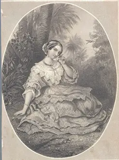 Quiet Prints: Sketch of Young Woman Outdoors Holding Flowers