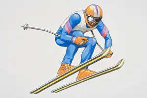 Athleticism Prints: Skier performing a jump, flying in the air with bended knees and poles to his side