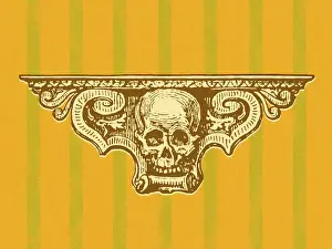 Illustration And Pa Prints: Skull Shelf on Orange and Green Striped Wall