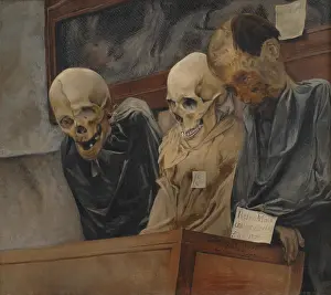 Prints of Three Skulls from the Catacombe dei Cappuccini at Palermo, 1894. Found in the Collection of Statens Museum for Kunst, Copenhagen. Artist Ring, Laurits Andersen (1854-1933) Quiet Beauty: Moments of Stillness Captured in Art: Three Skulls From The Catacombe Dei Cappuccini At Palermo