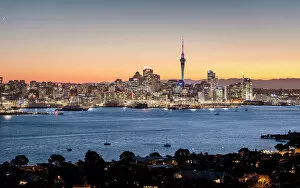 Evening Collection: Skyline of Auckland with the Sky Tower at dusk, Auckland, North Island, New Zealand